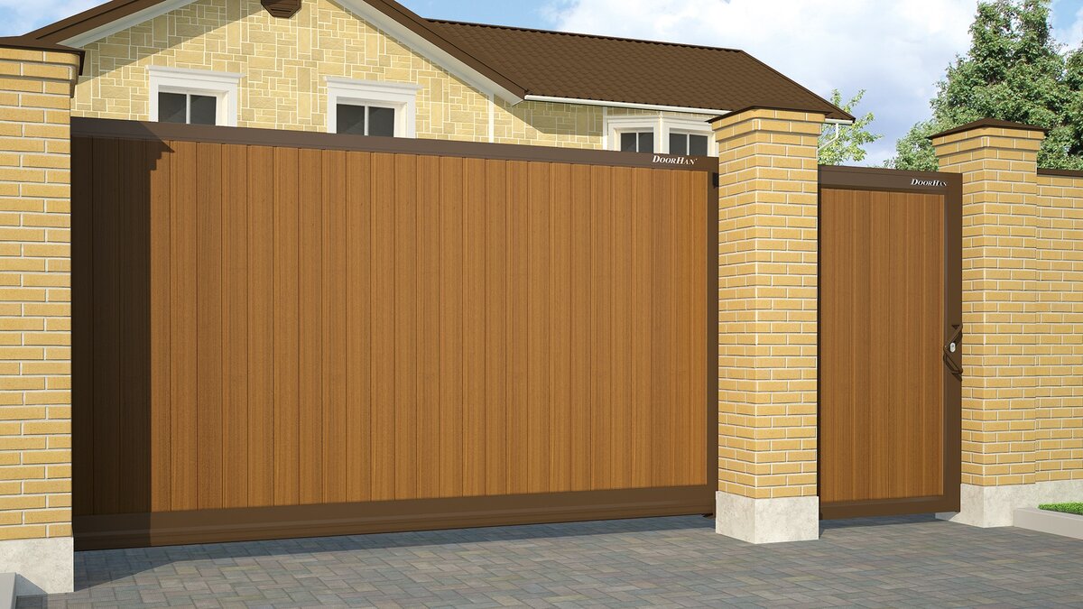 Уличные откатные ворота: панель «доска», структура «дерево», цвет «золотой дуб»