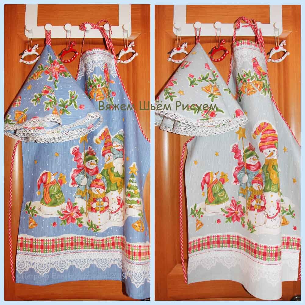 Новогодний фартук и полотенце "Семья снеговиков"