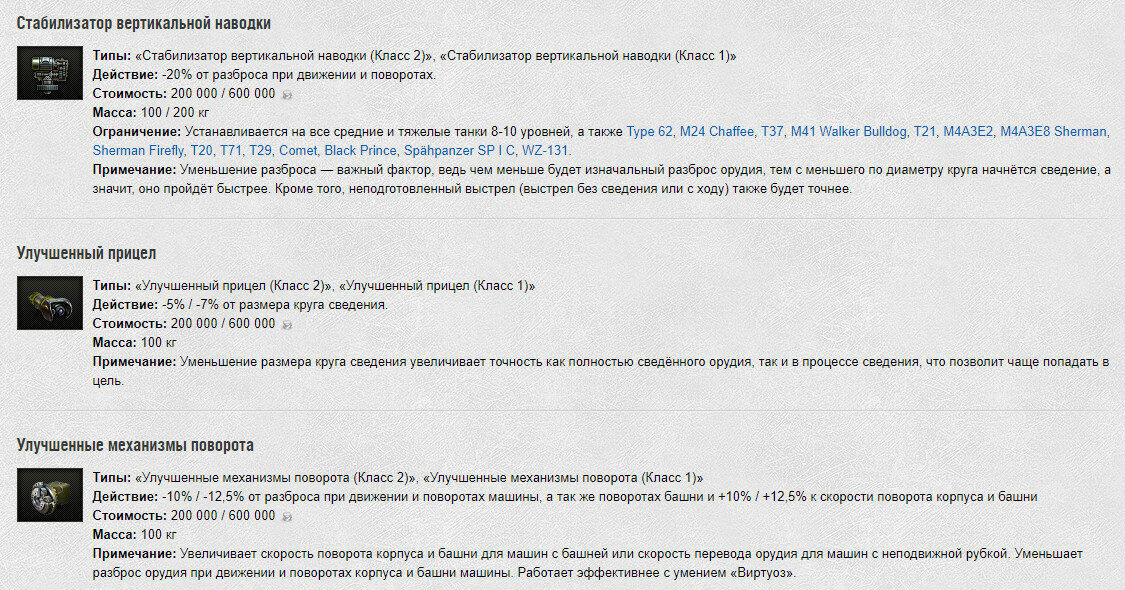 Стабилизатор Вертикальной наводки, Улучшенный прицел, Улучшенные механизмы поворота.