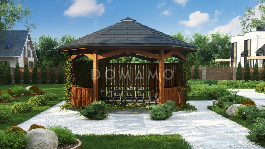Проект D3066 — каркасная беседка в форме шестиугольника 