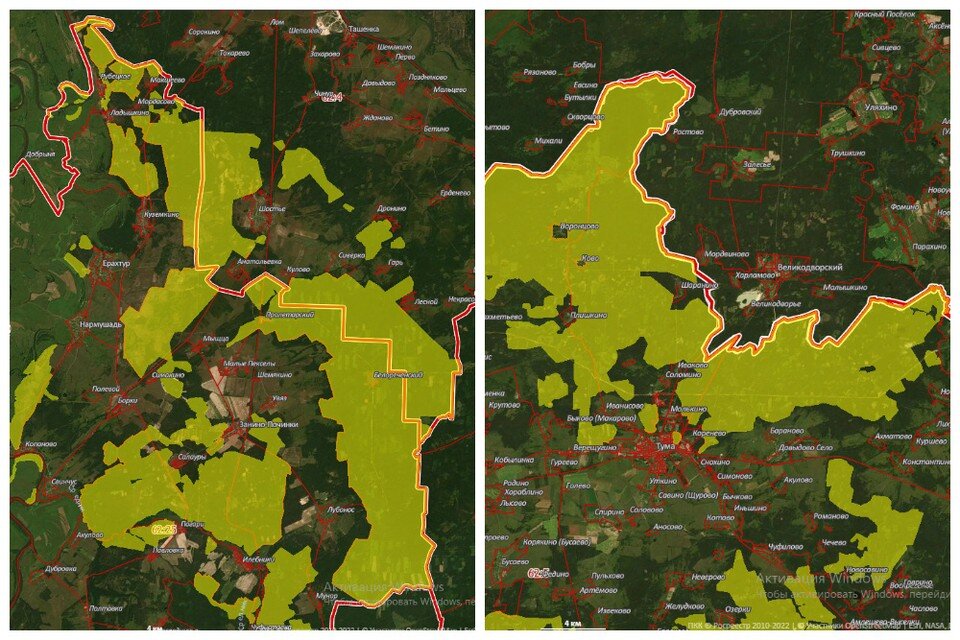     Границы Ерахтурского (слева) и Тумского лесничеств Рязанской области.