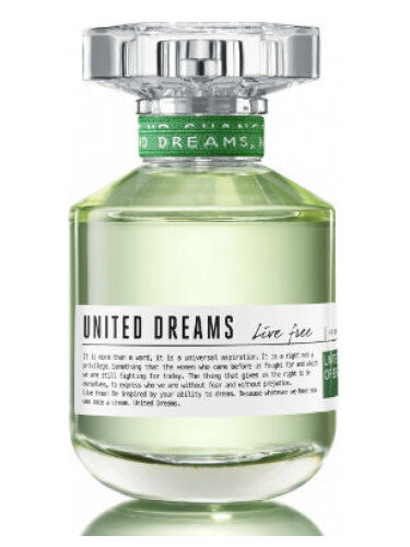 United Dreams Live Free Benetton — это аромат для женщин, он принадлежит к группе цветочные фруктовые. United Dreams Live Free выпущен в 2014 году. Парфюмер: Sonia Constant. Верхние ноты: Чай, Бергамот, Зеленое яблоко и Юзу; средние ноты: Цветок апельсина, Кардамон и Цикламен; базовые ноты: Мускус, Кедр и Амбра.
