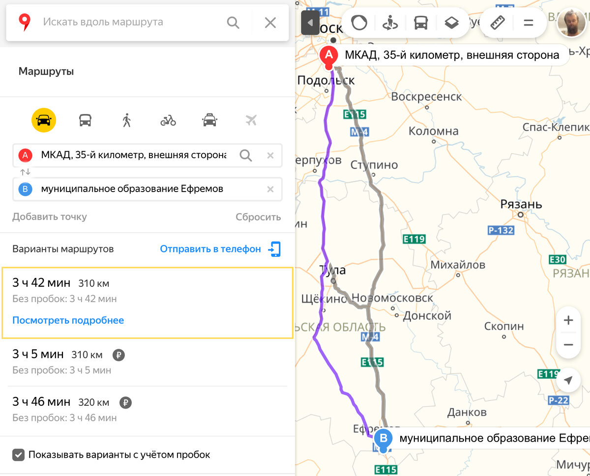 Схема объезда платных участков на М4 перед Москвой. 