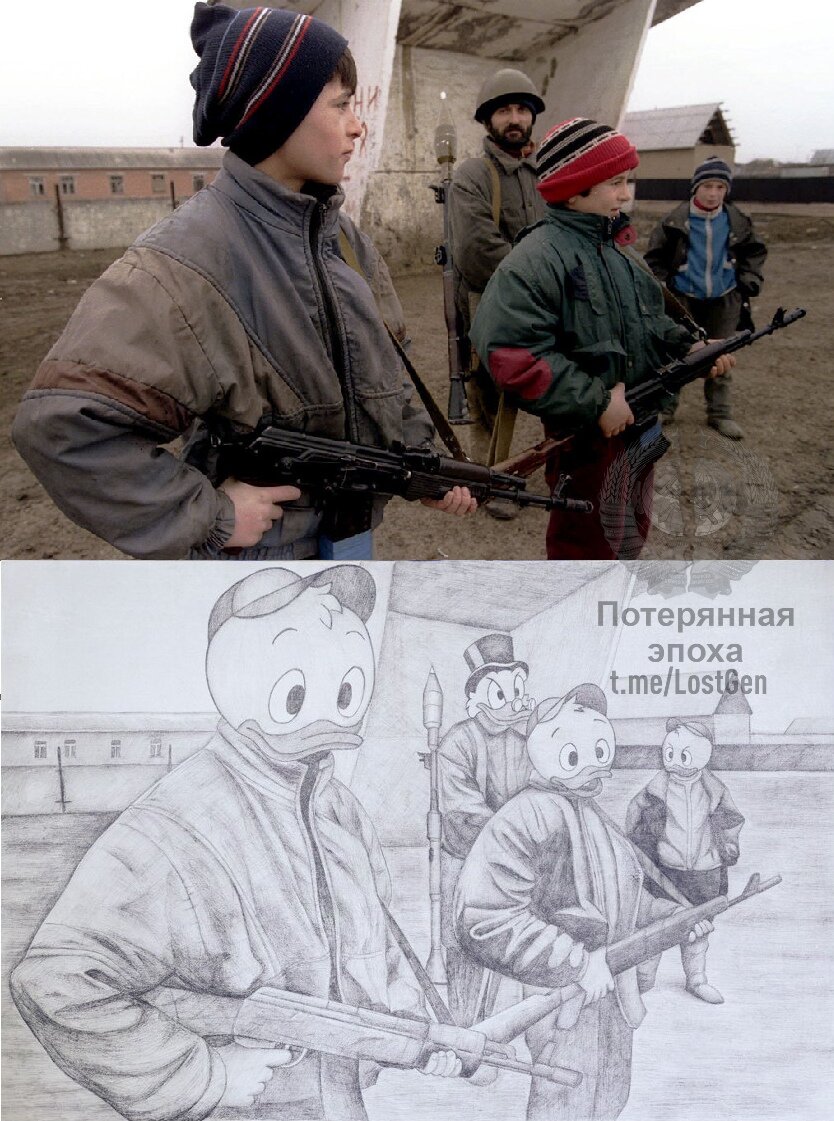 Рисунок за основу которого взята фотография событий первой чеченской войны