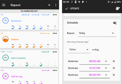 Repeat habit - простое в использовании приложение с понятным интерфейсом, в котором можно выставлять одну или несколько целей, а также установить в какой промежуток времени необходимо выполнить задачу. 
