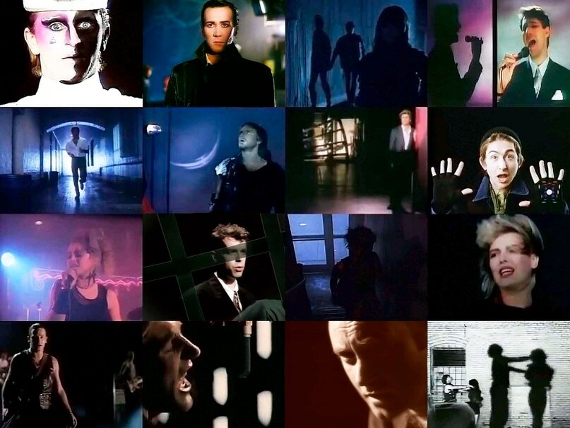      Видеоклипы  80-х гг. Слева направо, сверху вниз: (1) Visage – «Fade to Grey» (1980)  | (2) The Human League – «Don’t You Want Me» (1981) | (3) Rick  Springfield – «Don’t Talk to Strangers» (1982) | (4) Spandau Ballet –  «True» (1983) | (5) Corey Hart – «Sunglasses at Night» (1984) | (6)  Duran Duran – «Wild Boys» (1984) | (7) George Michael – «Careless  Whisper» (1984) | (8) Talk Talk – «Such a Shame» (1984) | (9) Madonna –  «Crazy for You» (1985) | (10) Pet Shop Boys – «Love Comes Quickly»  (1986) | (11) Pat Benatar – «Love is a Battlefield» (1986) | (12) Kim  Wilde – «You Keep Me Hangin’ On» (1987) | (13) U2 – «With or without  You» (1987) | (14) Def Leppard – «Love Bites» (1988) | (15) Phil Collins  – «Another Day in Paradise» (1989) | (16) Richard Marx – «Satisfied»  (1989) 