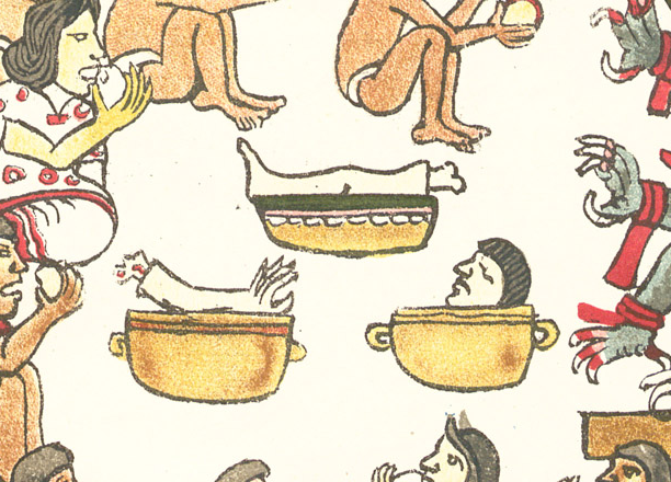 Сцена ритуального каннибализма из кодекса Мальябекиано, середина XVI века