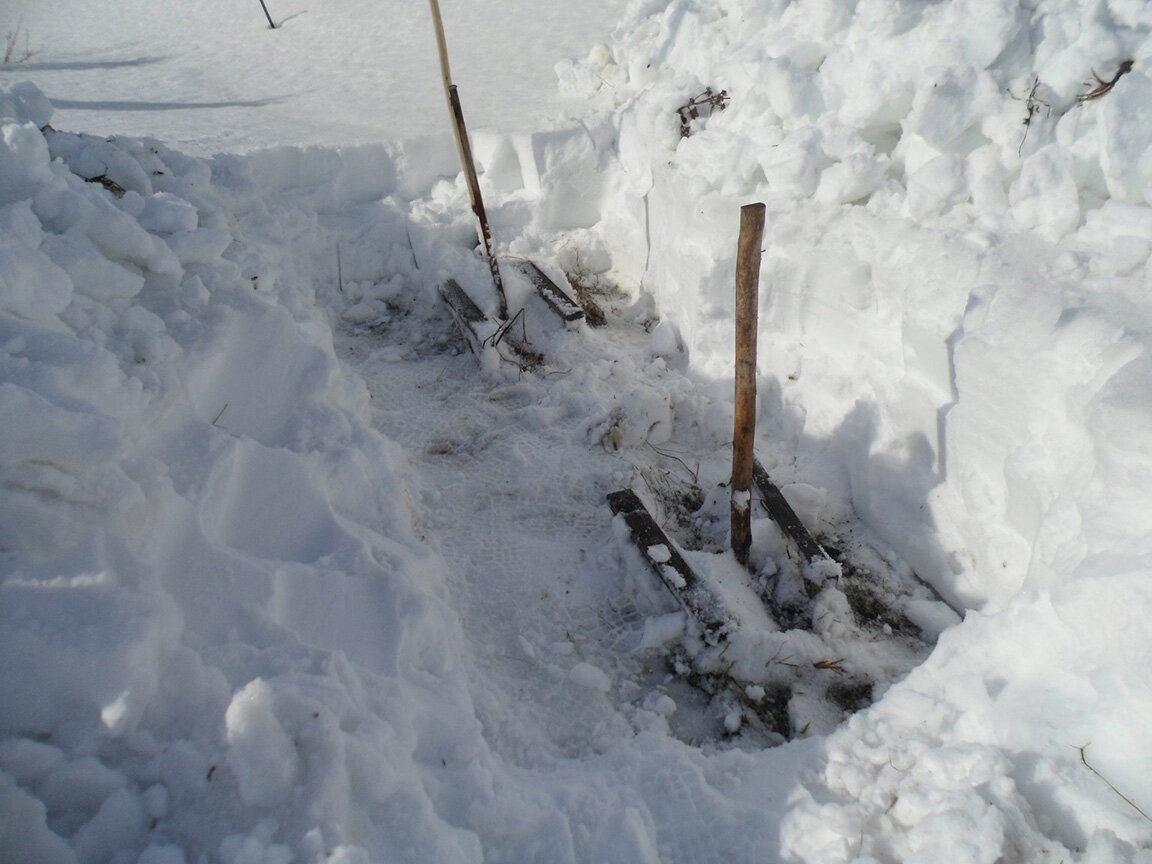 Снег стал влажным и мокрым, и можно откидывать его крупными кусками. Работа спориться и осталось уже немного.