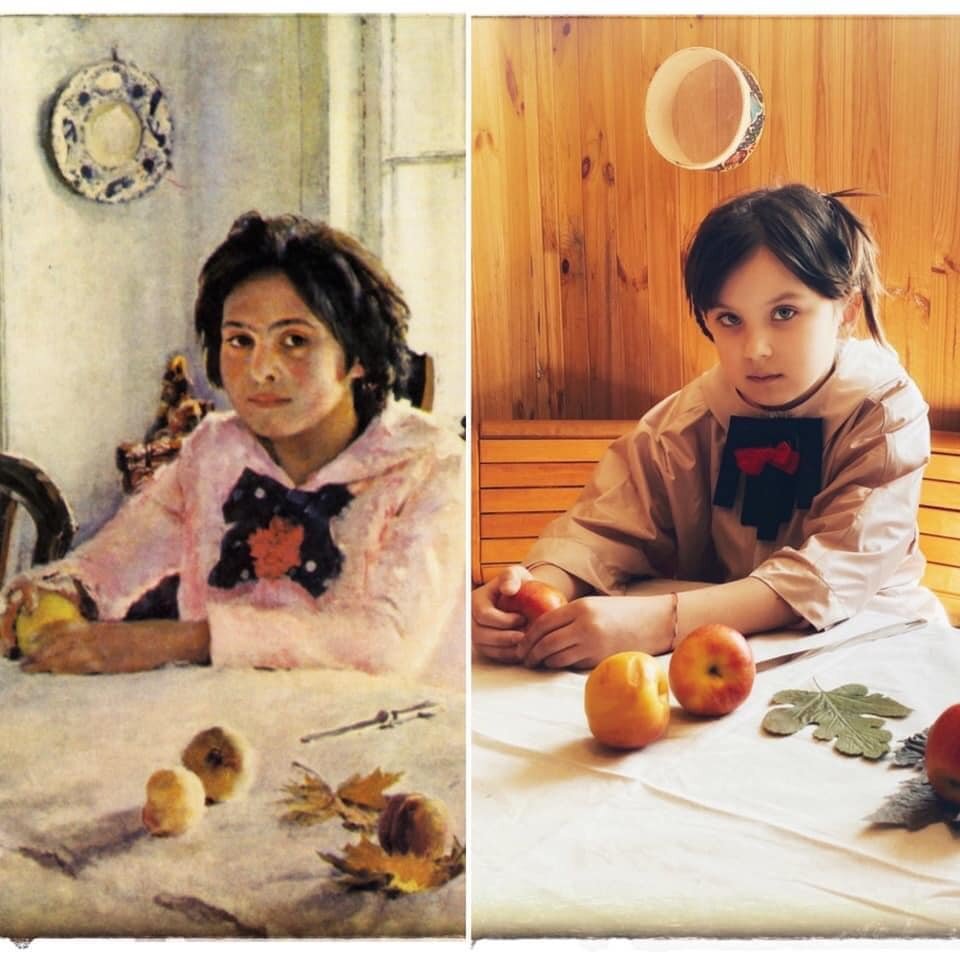 Повтори годы жизни. Повторение известных картин. Девочка с персиками в музее. Девочка с персиками с едой. Мальчик с персиками.