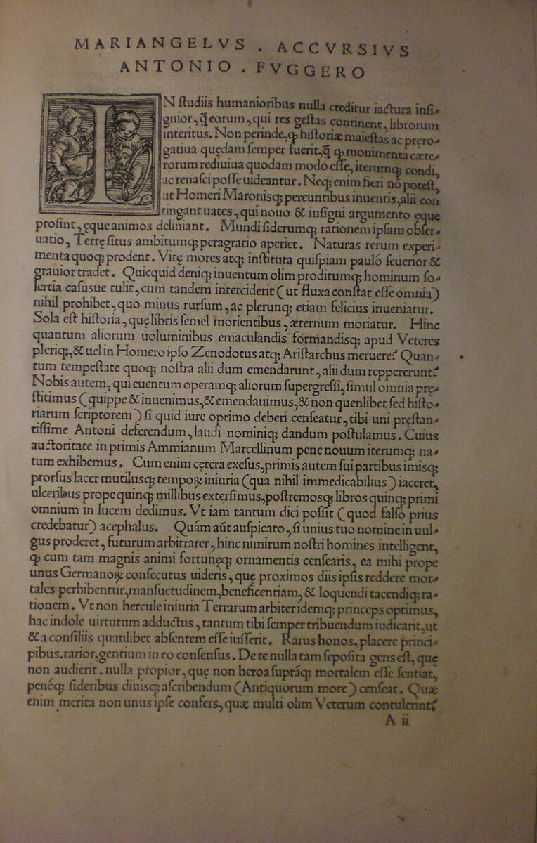 Третья страница «Деяний» издания Аккурзия (Аугсбург, 1533 год). На странице — посвящение аугсбургскому купцу Антону Фуггеру.