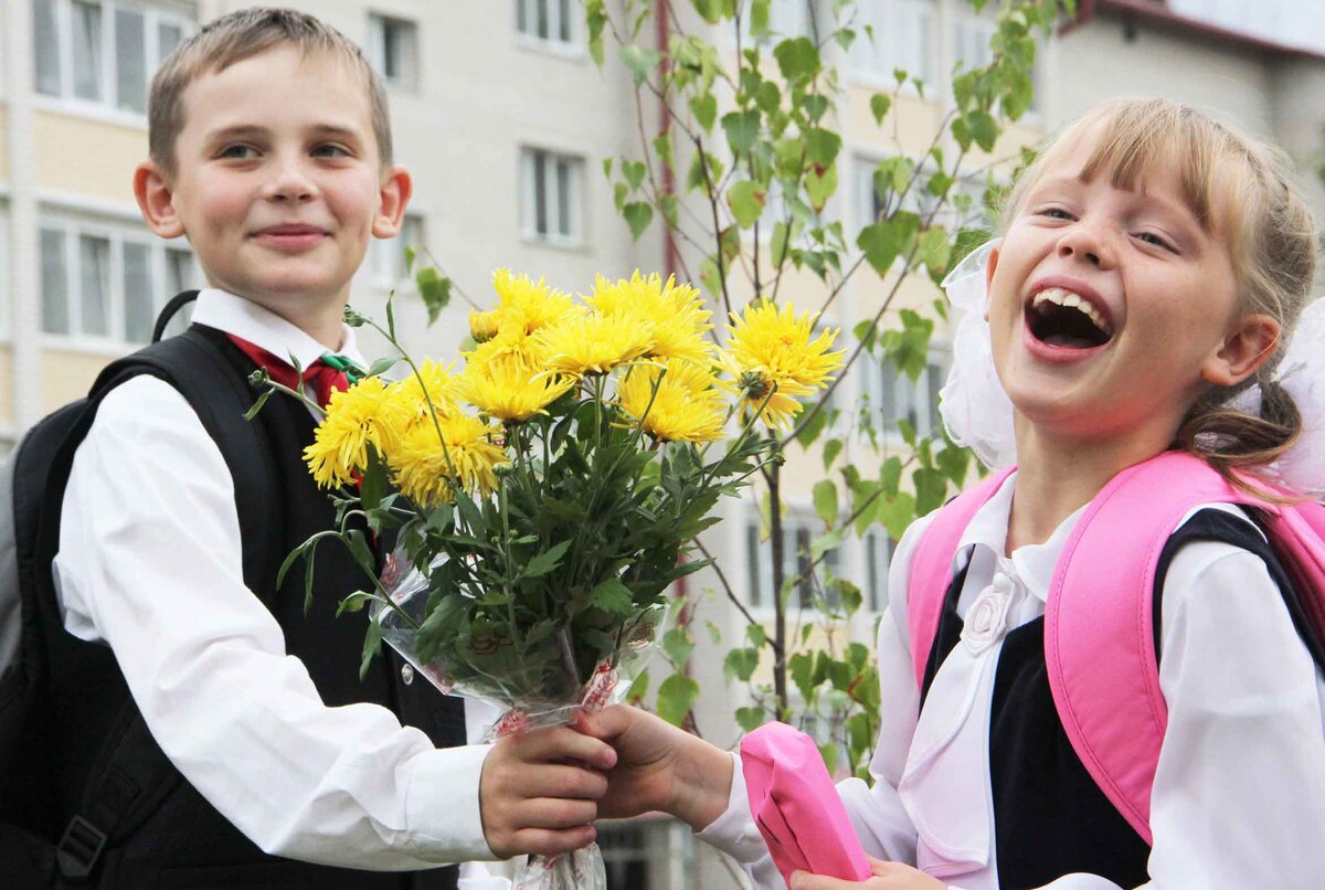 Первоклашки на ступеньках школы суета