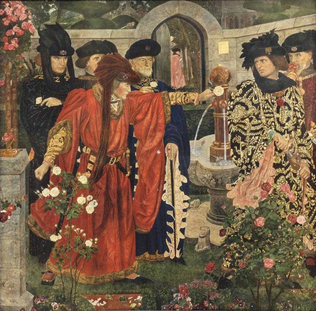 Генри Пейн (около 1908 г.). Вдохновленный Генрихом VI Шекспира, сцена показывает союзников соперничающих фракций, выбирающих красные или белые розы. 