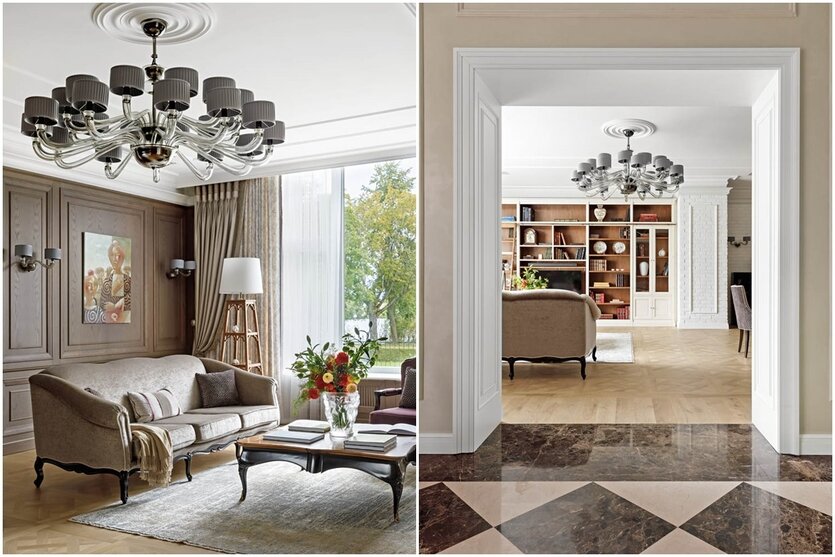 Из гостиной открывается прекрасный вид на ландшафтный парк и пруд — главную особенность этого проекта. Центральным потолочным декоративным элементом стала монументальная люстра Barovier& Toso. Арка, разделяющая холл и гостиную-столовую, отделана деревянными буазери белого цвета. Пол в гостиной уложен светлым паркетом в раскладке «версаль» по индивидуальным выкрасам студии. На контрасте он подчёркивает богатство тёмных стеновых панелей и одновременно перекликается по форме с мраморным полом холла в модульном исполнении.Из гостиной открывается прекрасный вид на ландшафтный парк и пруд — главную особенность этого проекта. Центральным потолочным декоративным элементом стала монументальная люстра Barovier& Toso. Арка, разделяющая холл и гостиную-столовую, отделана деревянными буазери белого цвета. Пол в гостиной уложен светлым паркетом в раскладке «версаль» по индивидуальным выкрасам студии. На контрасте он подчёркивает богатство тёмных стеновых панелей и одновременно перекликается по форме с мраморным полом холла в модульном исполнении.