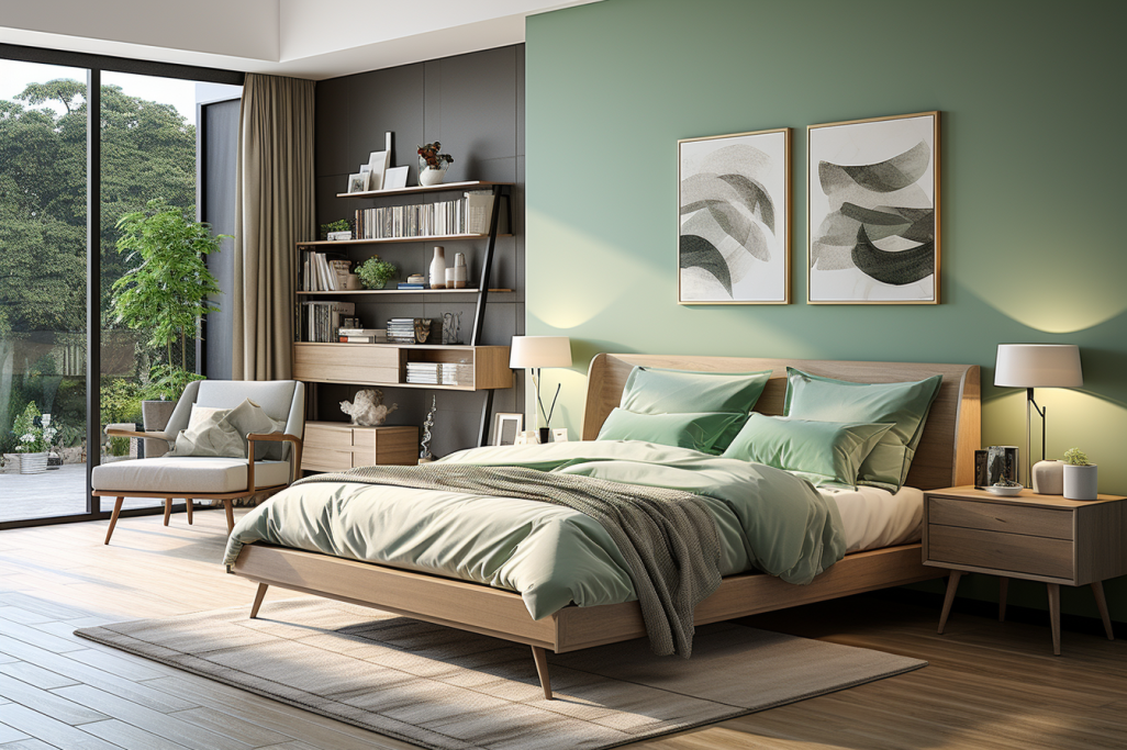 Зеленый в интерьере спальне. 
