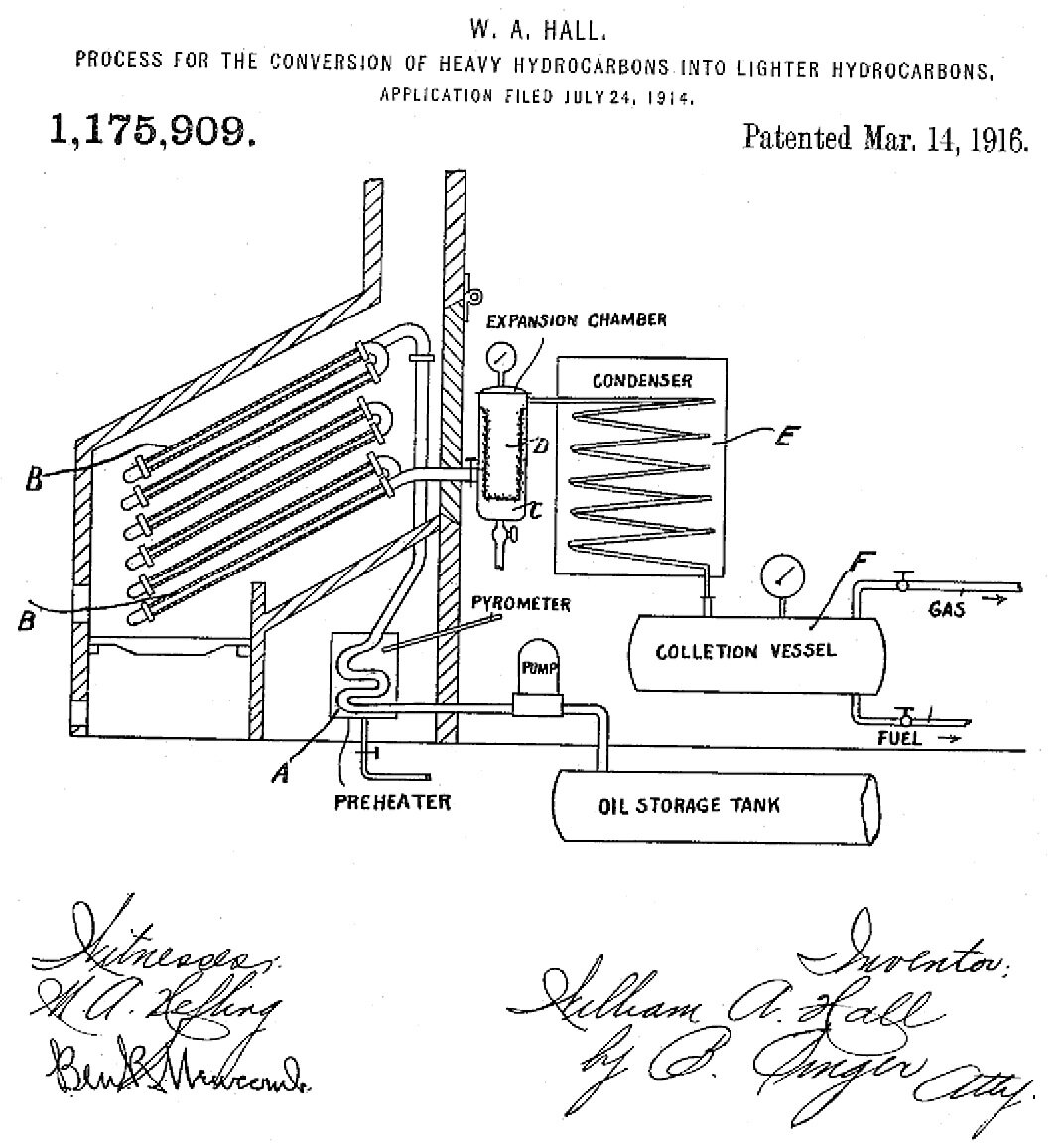 Принципиальная схема парофазного крекинга Холла из патента 1175909 от 14.03.1916