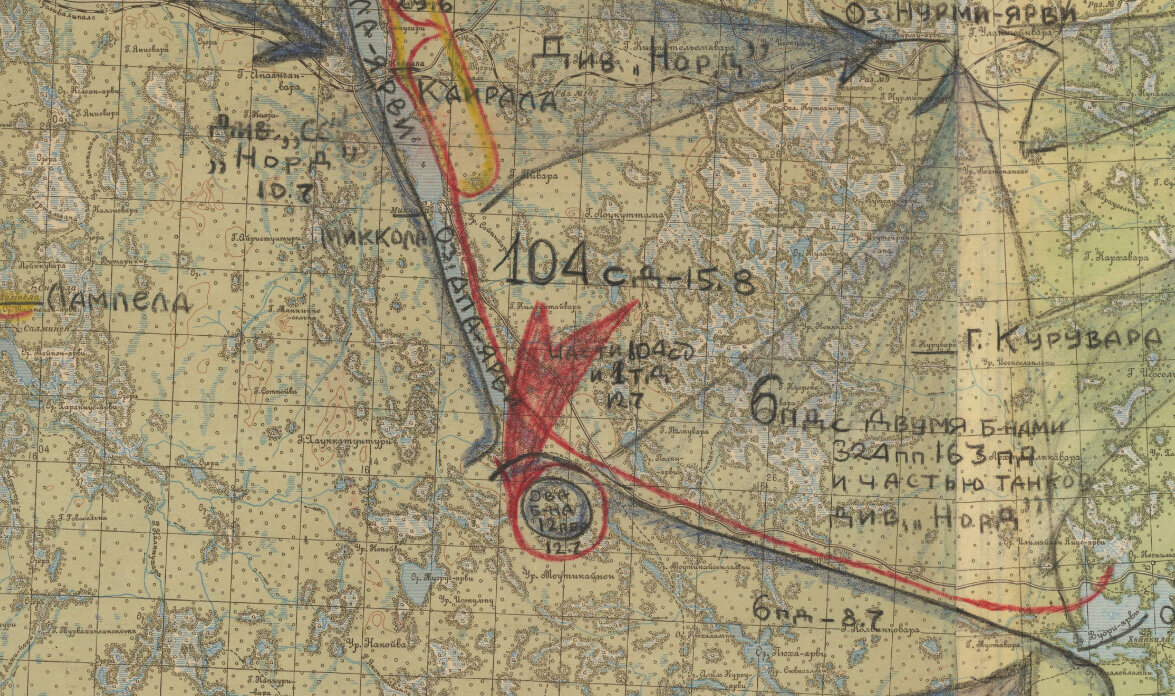 Карта боевых действий войск СевФ на Кандалакшском направлении в 1941 году. Описывает период с 29.06.1941 по 23.08.1941 г.