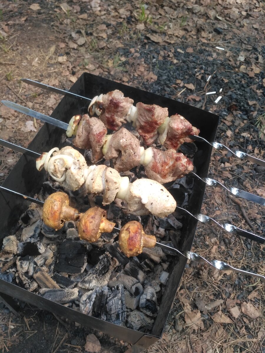 Первая партия горячего шашлычка.