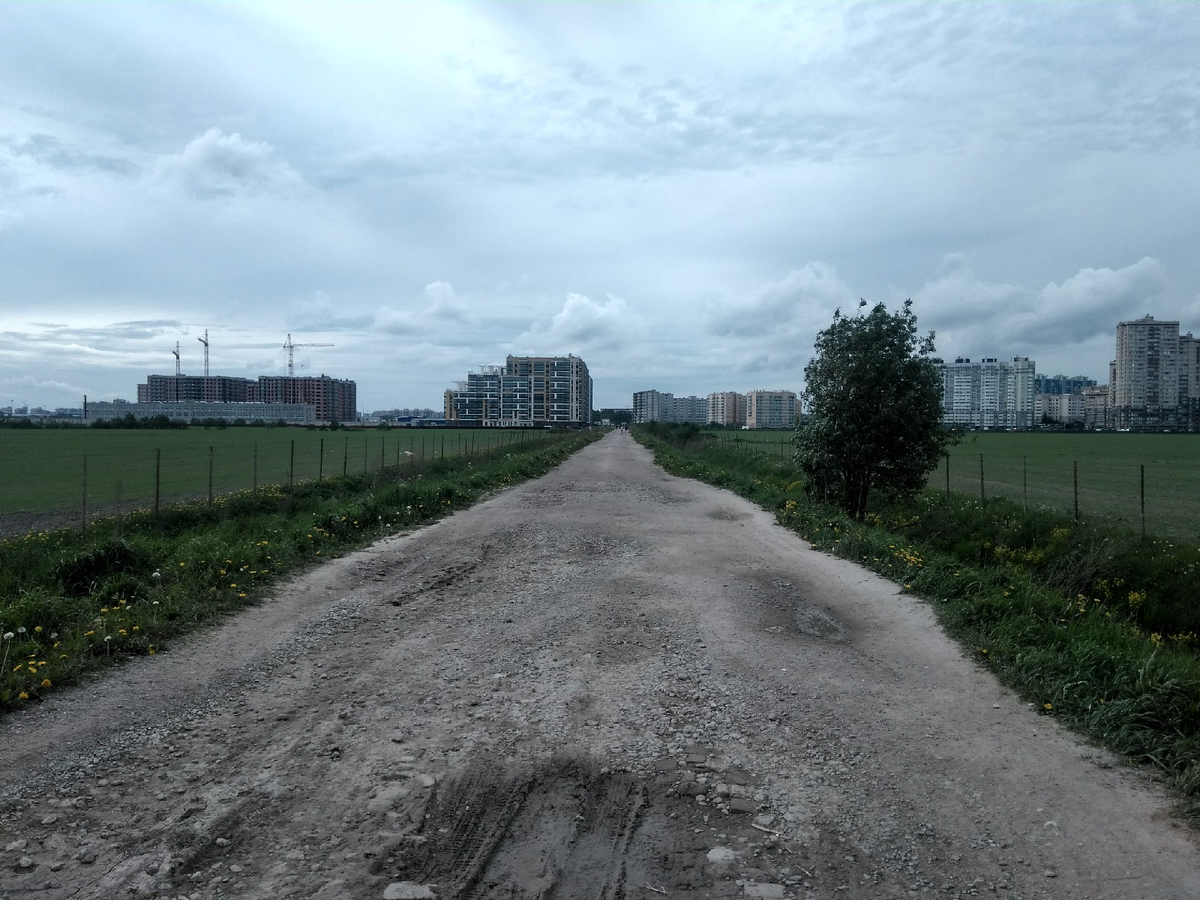 Сельская дорога к дому, прямо как в детстве в деревне. Будет весело в дождливую погоду. Понятное дело ее заасфальтируют, когда-то. По ней можно пешком добраться до дома. Он прямо по курсу. 