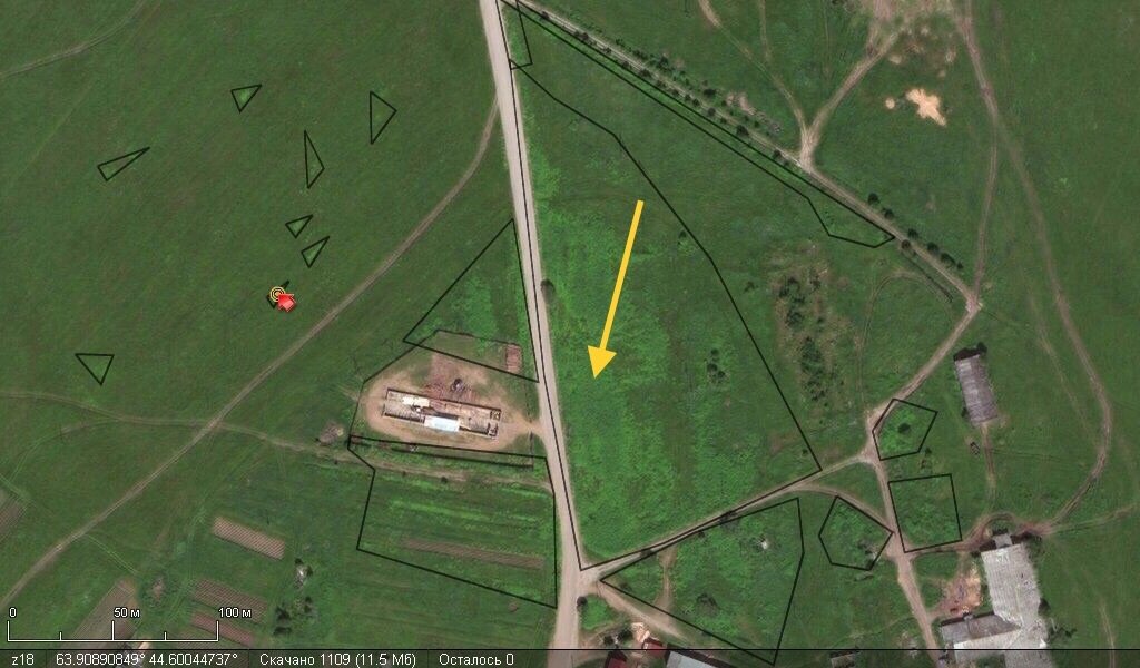 Чёрным цветом обведены места произрастания борщевика рядом с Шардонемью. Жёлтой стрелкой показано место распроложения бывших силосных ям.