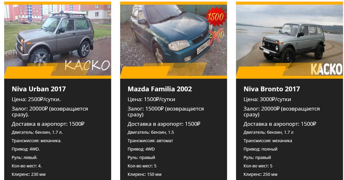 Скриншот с сайта аренды авто, тачки41.рф