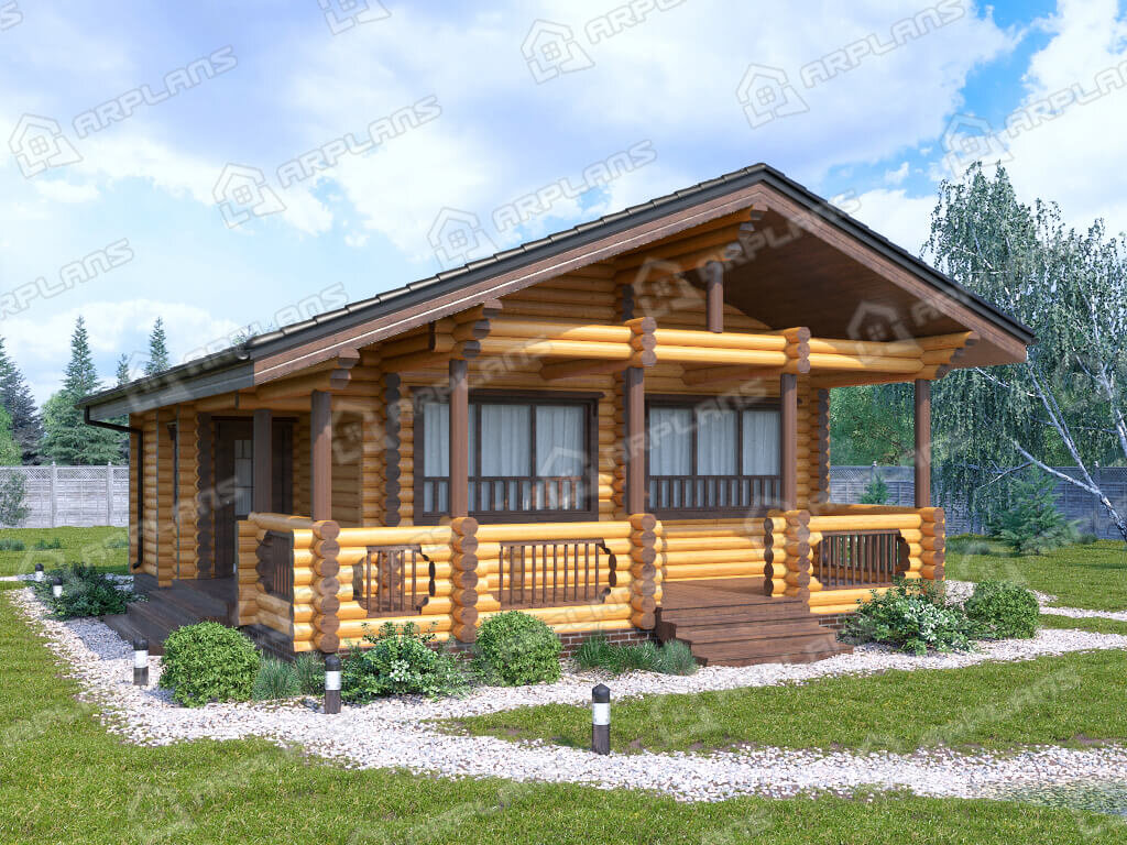 Фото 1 одноэтажного деревянного дома из бревна с 1 спальней и террасой. 50 кв м. Источник arplans.ru Проект ДО-161