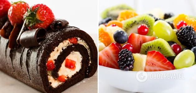 Шоколадный рулет с фруктами 