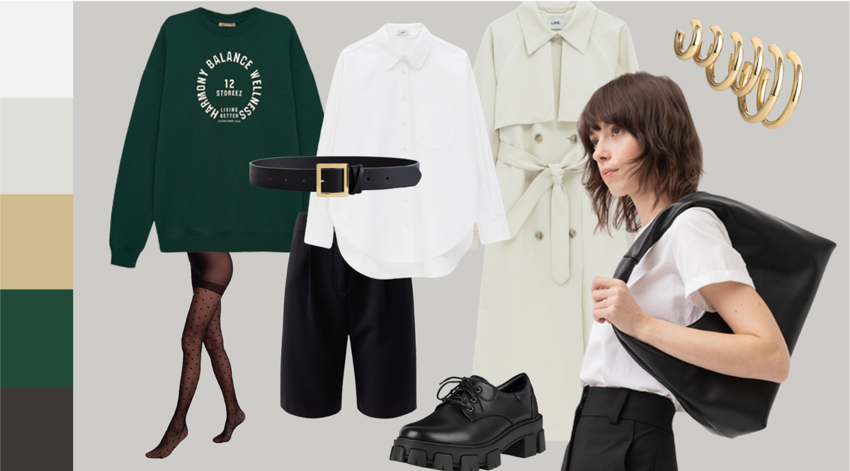 Стильный образ, который подойдет как для прогулок, так и для работы в офисе (если дресс-код — смарт кэжуал). Здесь играем на контрасте: классическая база, женственные аксессуары и тренч, спортивная толстовка. Берите на заметку!
