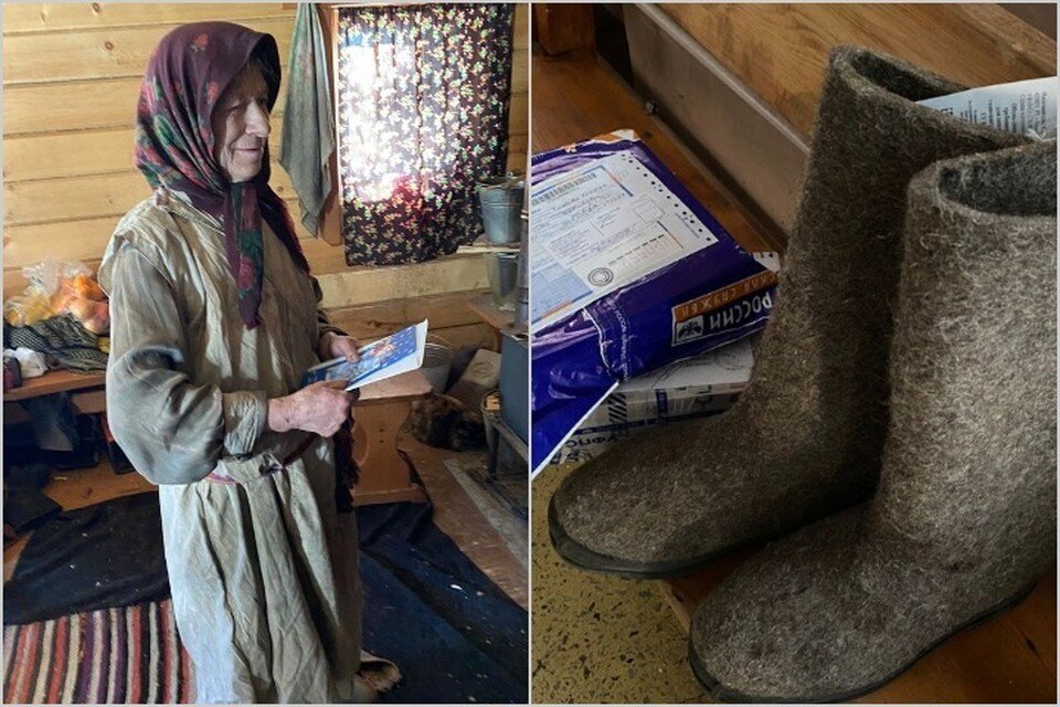     На заимке отшельницы Агафьи Лыковой побывали гости с большой земли. Привезли много всего нужного, в том числе валенки 45 размера для помощника. Фото заповедник "Хакасский".