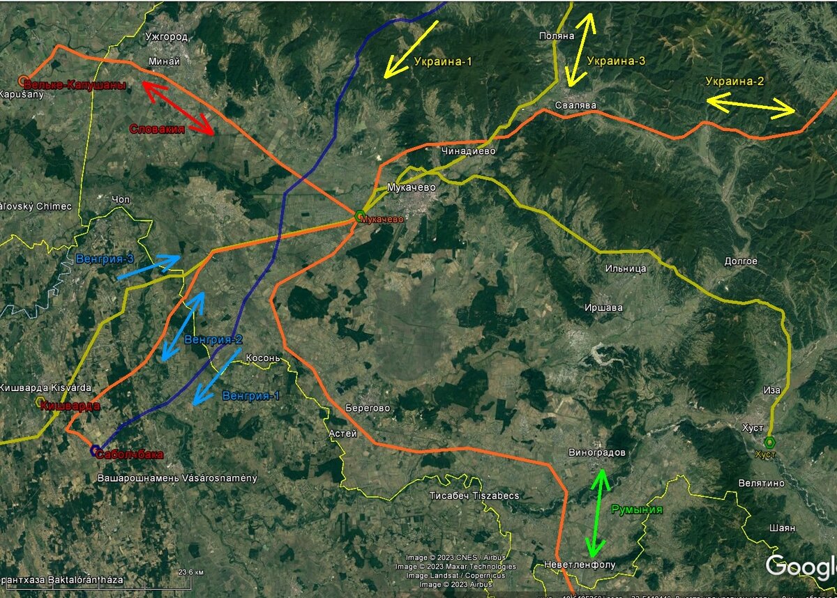 Энергосистема Закарпатья с трансграничными ВЛ: синим – 750 кВ, оранжевым – 400 кВ, желтым – 220 кВ. Стрелками показаны направления перетоков: красной – Словакия, зелёной – Румыния, синими – Венгрия, жёлтыми – Украина