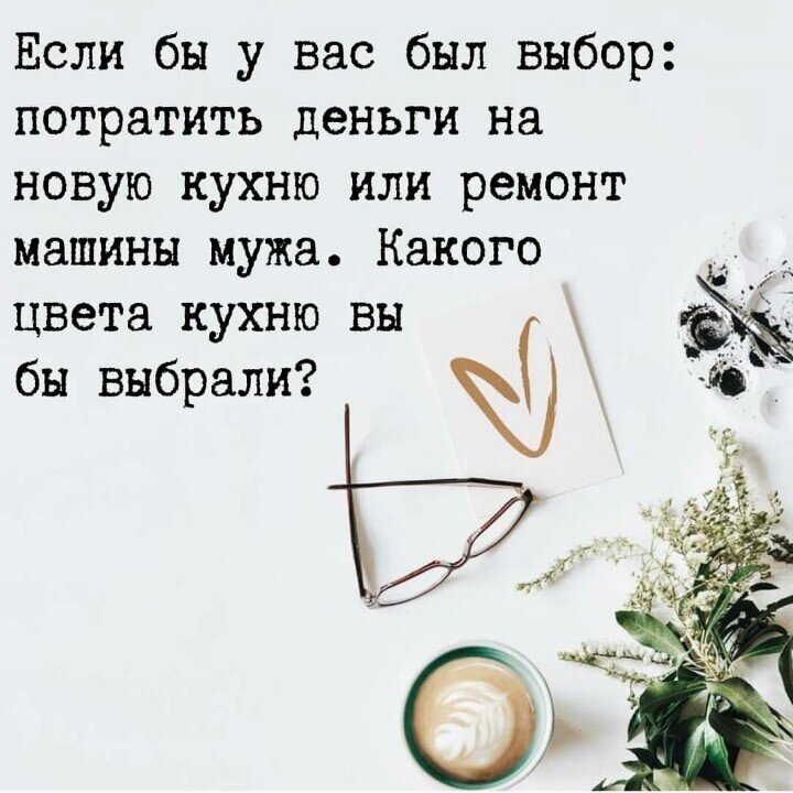 Если бы у вас был выбор: потратить деньги на новую кухню или на ремонт машины мужа. Какого цвета кухню вы бы выбрали?