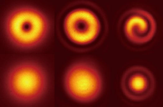 Вид световых отпечатков при прохождении фотонов через облако аргона (вверху) 