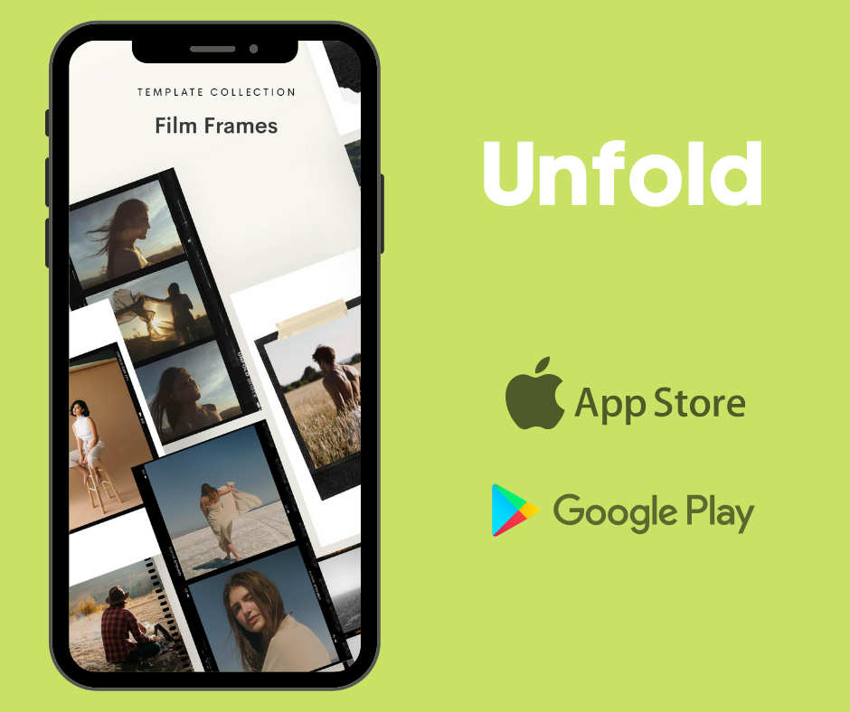 Иллюстрация Чисто Digital.  Логотипы App store и Google Play. Скриншот приложения Unfold