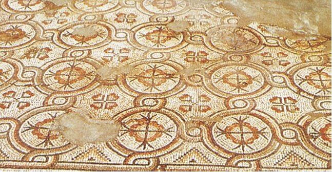 Мозаичный пол с трехконечными раздвоенными крестами (круглые поля) и различных форм крестов розы (промежутков).Панталеон, Афродисиас, Киликия, 4 в. н. э. (фото из J. Experimental Botany)
