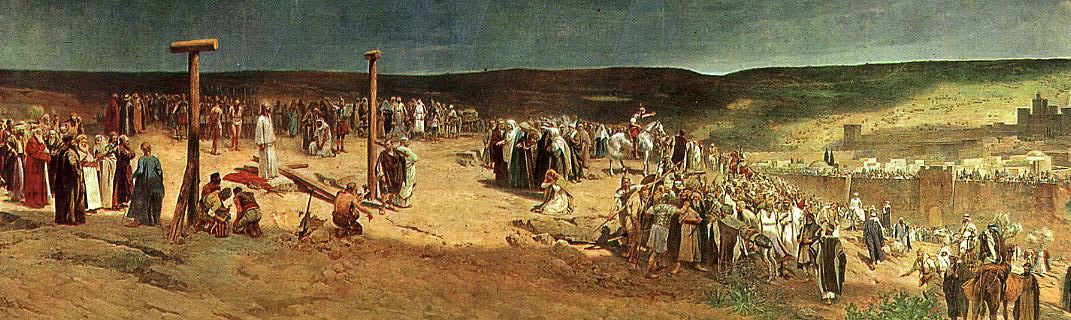 Ян Стыка "Голгофа."  В Риме казнь через распятие применялась с целью наказания и устрашения. «Самая ужасная из всех казней, какие придумали люди» (Цицерон) Для людей эллинской культуры весть о страданиях Сына Бога на кресте была "безумием"  Иудеи же видели в повешении на древе, проявление Божьего проклятия. И это было "камнем преткновения", для того, чтобы признать в Иисусе, Божьего Посланника.     
