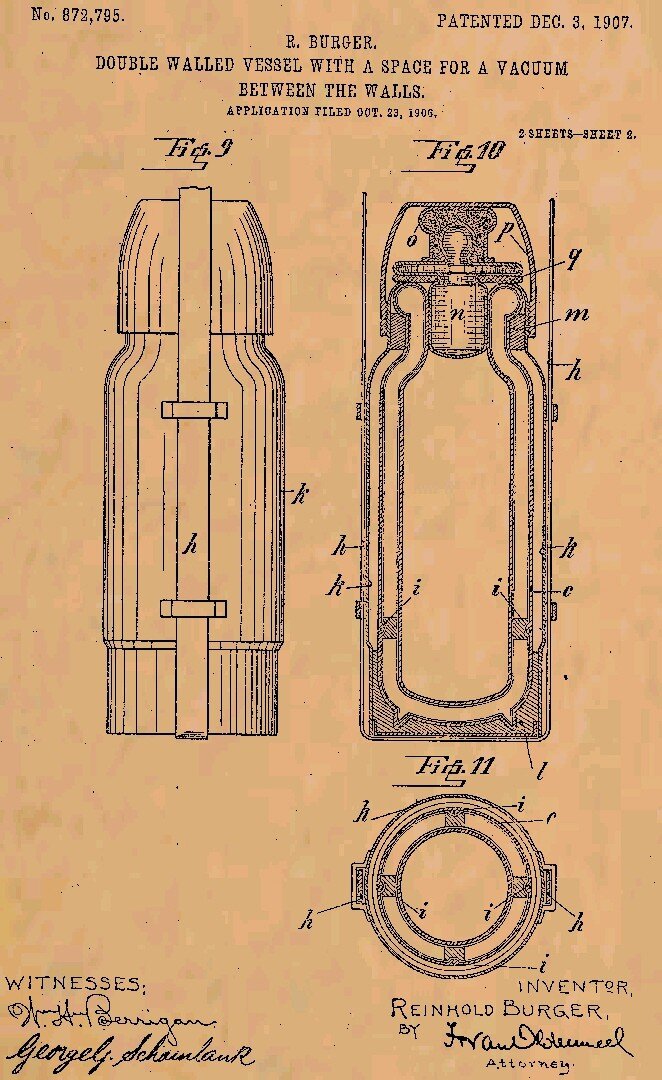 Американский патент на изобретение термоса Рейнгольдом Бургером, 1907 г.