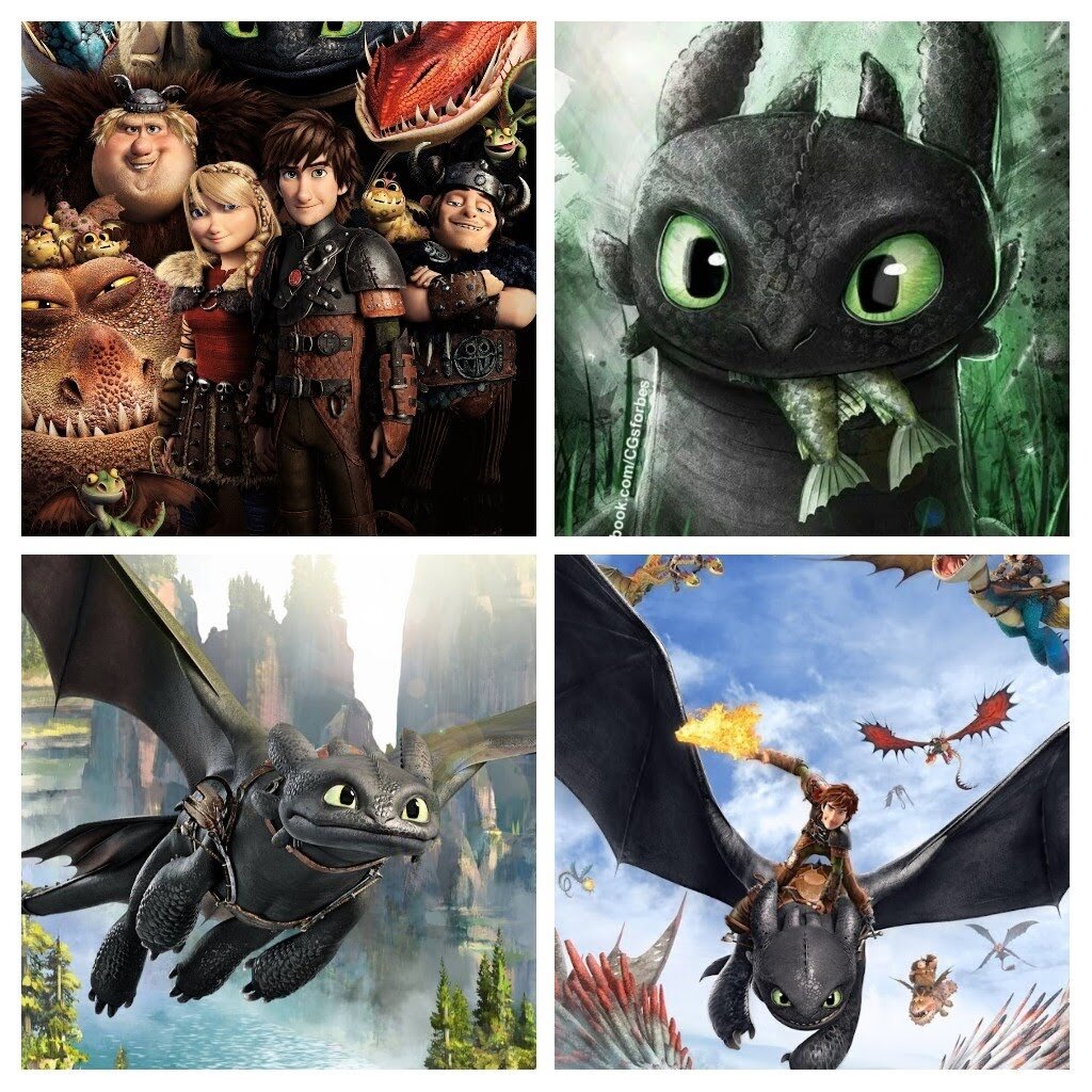 Кадры их мультфильма "Как приручить дракона" (снимки для коллажа взяты из открытых источников в интернете) 