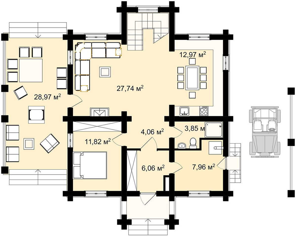 При входе устроены холл, одна спальня, санузел и топочная. Далее по ходу общие помещения, скомпонованные в одном достаточно просторном объёме.