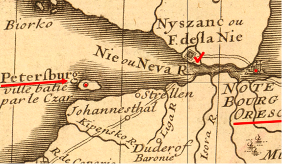 Французская карта 1706 г. Делиля. Петербург подписан "городом, построенным царём", но обозначая остров, предположительно  Ораниенбаума (отделённого тогда от берега), поскольку острова перед Ниеншанцем затоплены водой. А это значит, что Пётр I строил именно нижний город под Петрополисом. Не мог же он в здравом уме строить город в воде. Не был Петрополис и затоплен, поскольку на карте обозначена дорога, идущая к Ниеншанцу через Неву, бывшую потому совсем недавно мелкой протокой. Оседанию же верхних массивов всегда сопровождалось выделение пресной воды, образующей таким образом родники.