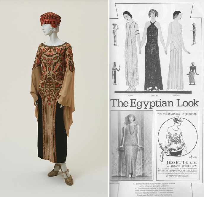 слева - платье и головной убор в древнеегипетском стиле, Поль Пуаре, 1923. (с) Из коллекции Художественного музея Филадельфии. Справа - модели в древнеегипетском стиле в газетном объявлении 1920-х