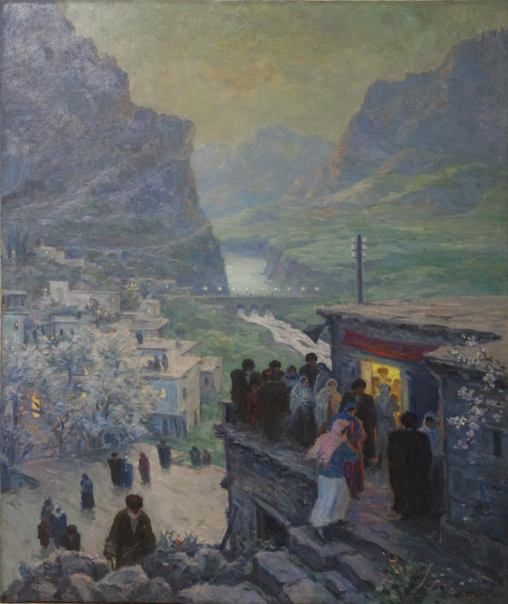 Р. Барто "В ауле электричество", 1939 год, холст, масло, 140х120 см
