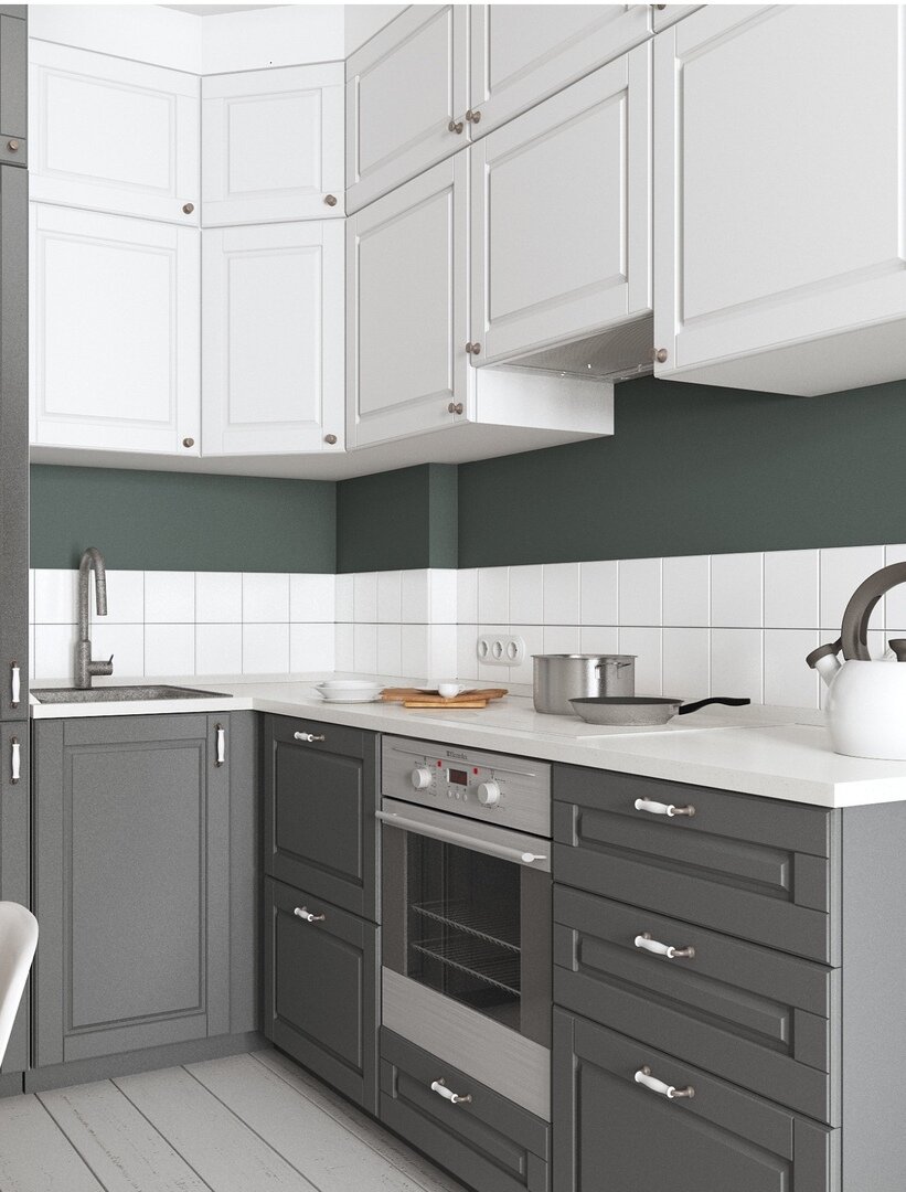 Кухня в стиле современной классике. Обратите внимание на интересное решение с фартуком.