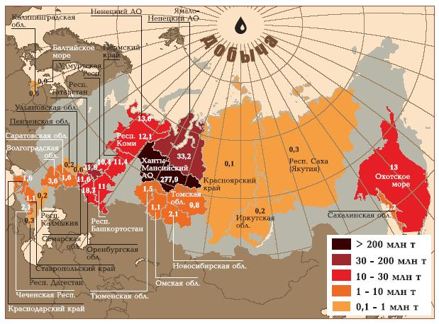 Распределение добычи нефти по субъектам РФ (с) с портала https://neftok.ru/