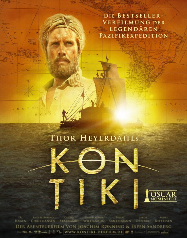 «Кон-Тики» / «Kon-Tiki»  (реж. Хоаким Роннинг, Эспен Сандберг, 2012, Норвегия-Швеция- Дания-Германия-Великобритания): «...художественный фильм о первой авантюре самого известного путешественника XX века — Тура Хейердала; в 1947 году он и его пять товарищей на плоту, созданном по технологиям древних индейцев, за 101 день смогли преодолеть 7000 км от Южной Америки до остовов Полинезии». КиноПоиск:7,3; IMDb:7,9.