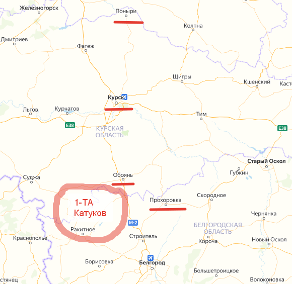 Зона боевых действий 1-й танковой армии Катукова в Курской битве. Создано на основе Яндекс-Карт