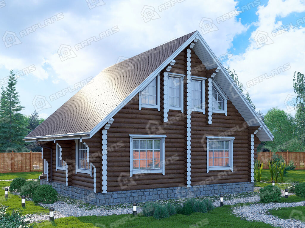 Фото 2 деревянного дома из бревна с мансардой, 3 спальнями и террасой, 110 кв м. Источник arplans.ru Проект ДО-118