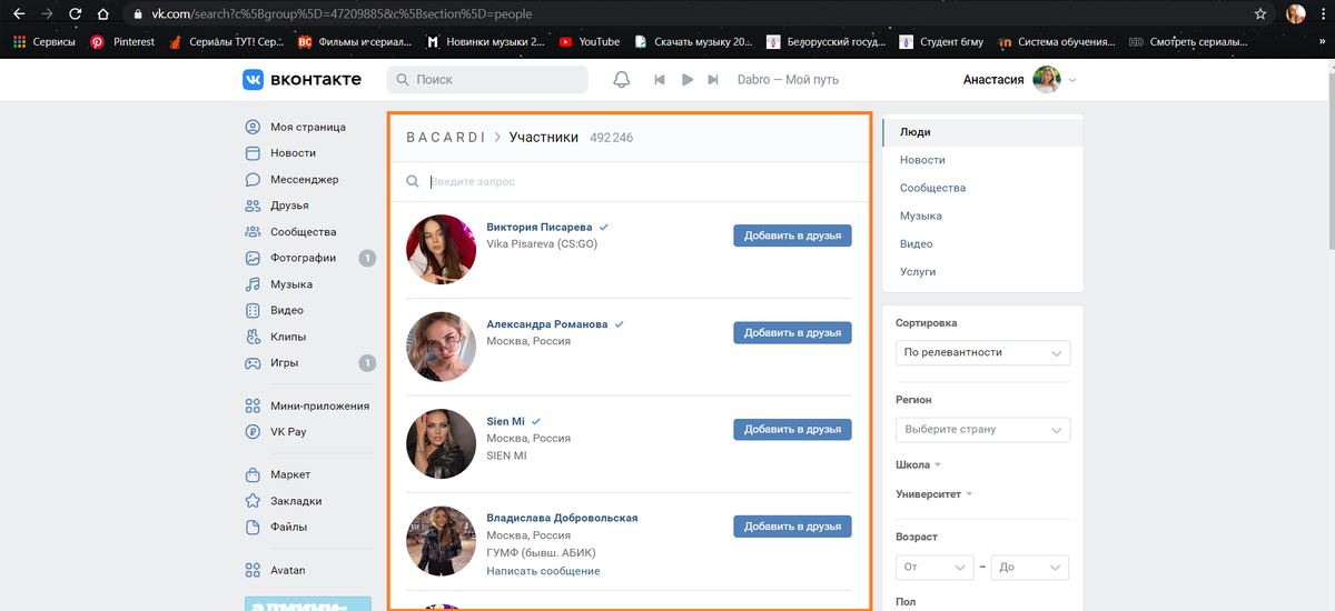 Список участников группы
