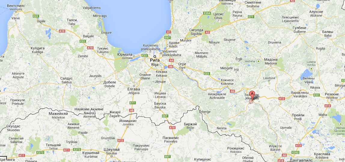 Красной меткой показано местоположение города Екабпилс