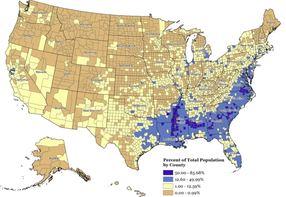 Карта расселения афроамериканцев в США