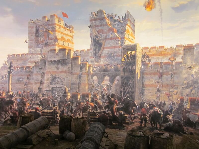Изображение из Panorama 1453 Tarih Müzesi. Истанбул, Турция. Справа осадная башня.
