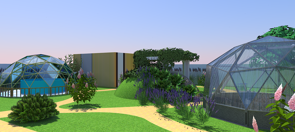 Ландшафтный дизайн-проект "Парад планет" с теплицами в виде геодезических куполов. 